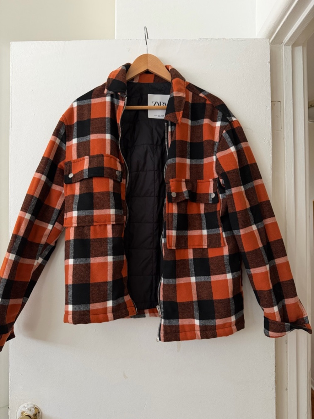 ZARA Orange & Black Plaid Quilted Shirt Jacket